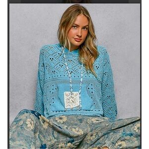 POL. Aqua Crochet Hooded Sweater